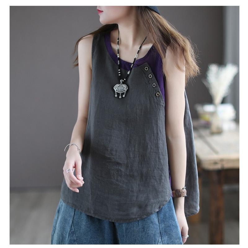 Nuova Blusa Estiva in Cotone e Lino con Scollo all'americana per Donna, Top Asimmetrico, Decorazione a Bottoni e Top Senza Maniche Patchwork