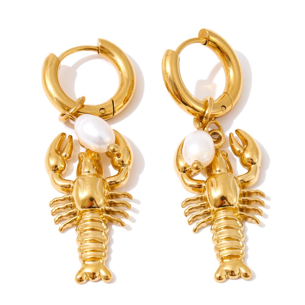 Yhpup Ocean Series Stainless Steel Crayfish Drop Hoop Earrings High Quality Natural Pearls Beach Daily Wear Jewelry for Women