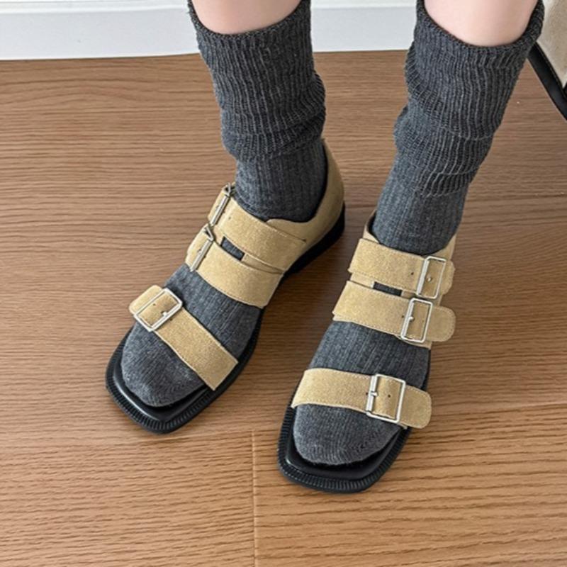 Vintage Minimalist Casual Sandals Summer New Square Toe Suede Open Toe Metal Buckle Soft Sole Inside Booster Romans