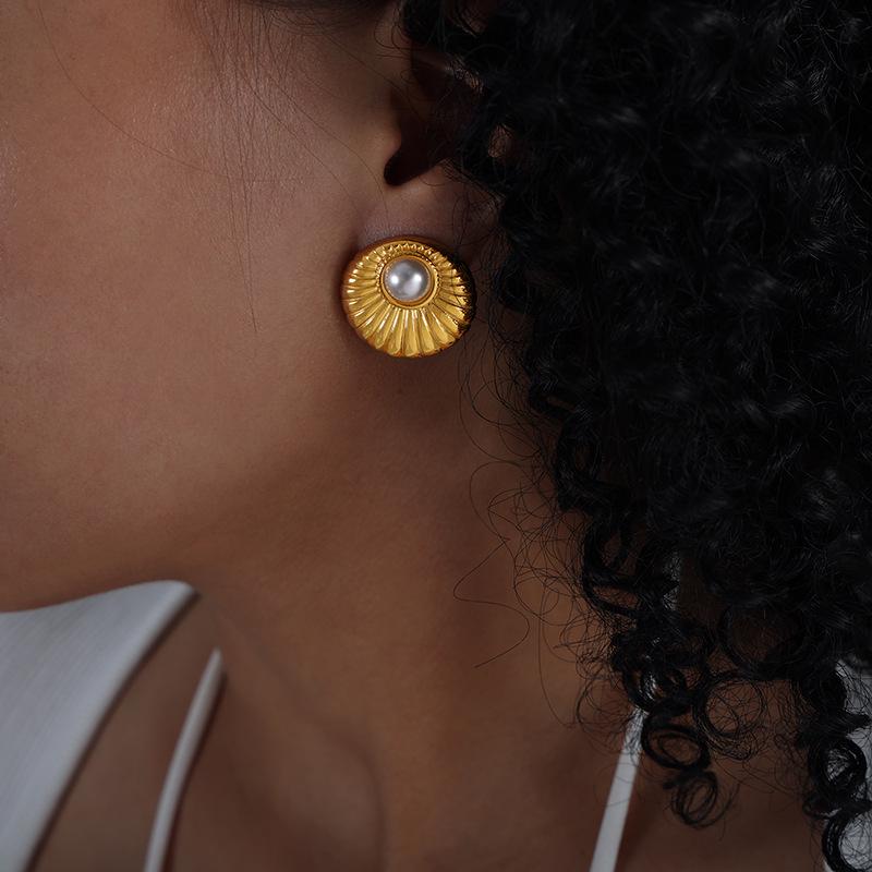 

Moonstone & Faux Pearl Stud Earrings - Titanium Steel, Temperament Style