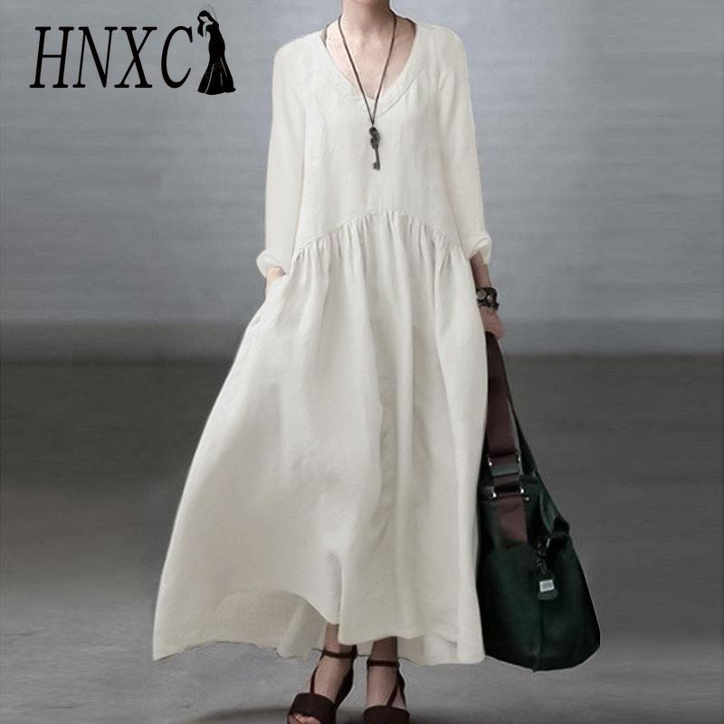 

HNXC Хлопок Повседневное Женское Платье V-образный Вырез Длинный Рукав Повседневные Платья M белый