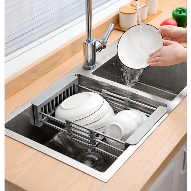 Adjustable Stainless Steel Dish Drainer, Drain Rack Fruit and Vegetable Washing Drainer, Tableware Drain Basket, Kitchen Storage