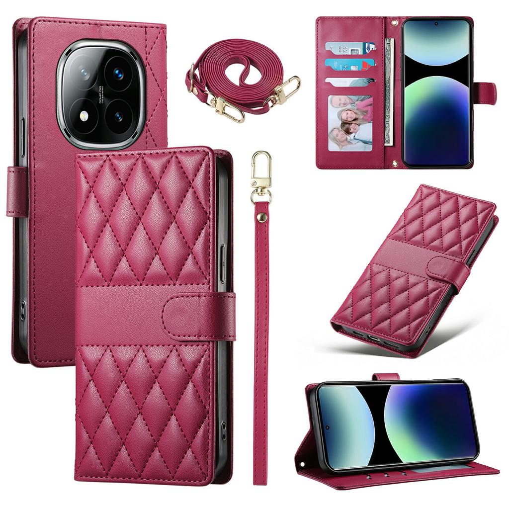 For Xiaomi Poco M8 Pro 5G/Redmi Note 15 Pro+ 5G (Global) Wallet Case Rhombus Stitching Stand Leather Phone Cover with Long/Short Strap