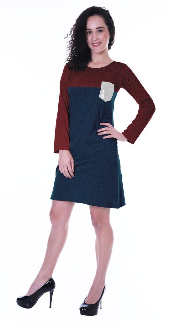 Moomaya Womens T-shirt Dress Full Sleeve Sequin Patch Pocket Summer Dresses