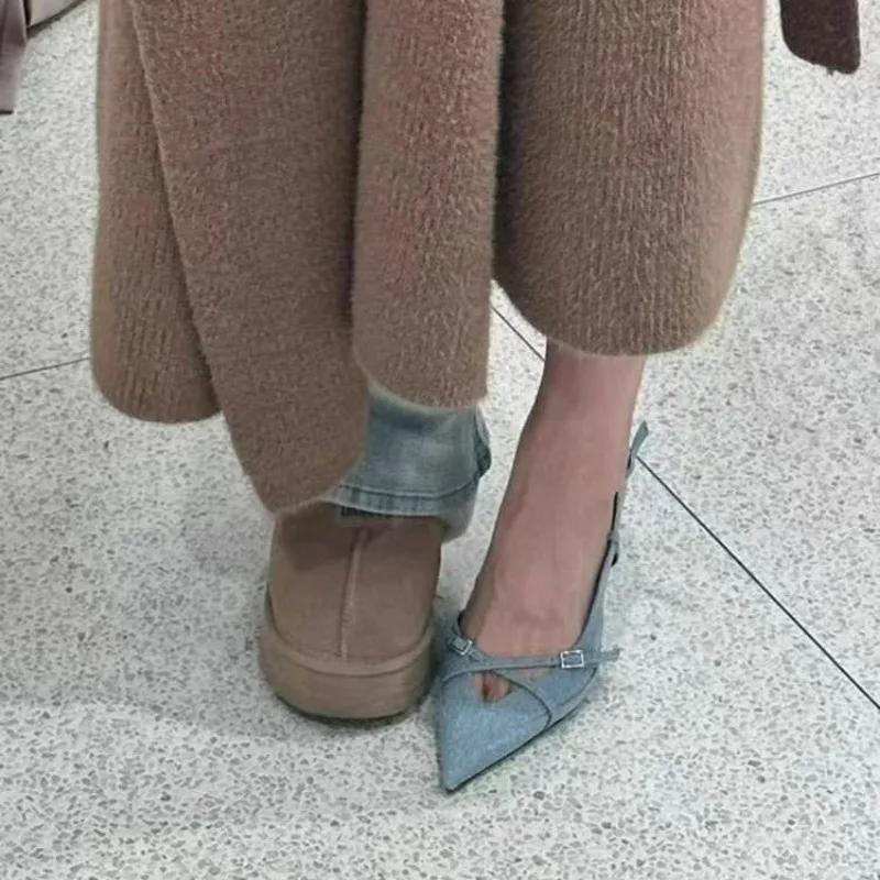 

Fashion 2025 New Women s Jeans Heeled Sandals Pointed High Heel Office Lady Shoes Beautiful Women high heels Shoes sandalias mujer 35 небесно-голубой