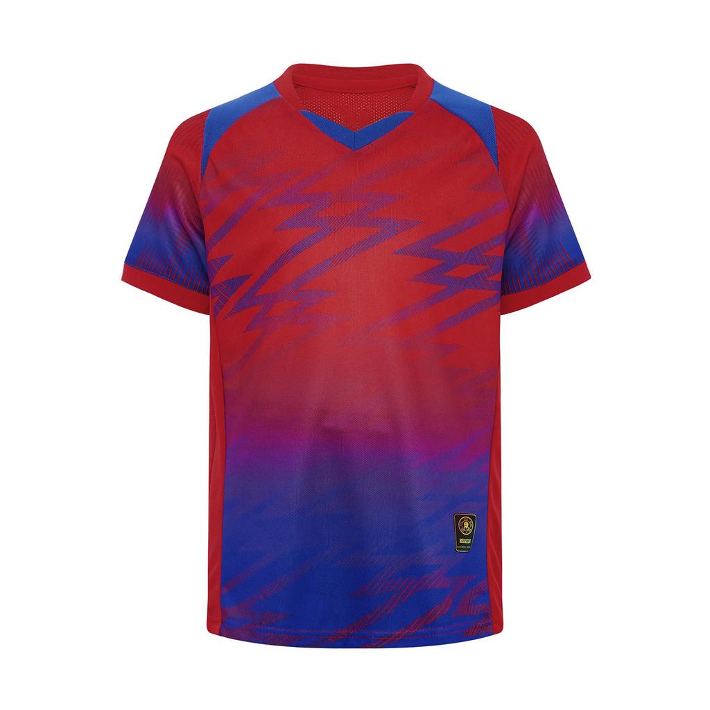 Jungen Fußball Trainingsanzug V-Ausschnitt Kurzarm Kontrastfarben Print T-Shirt Kordelzug Elastischer Bund Shorts
