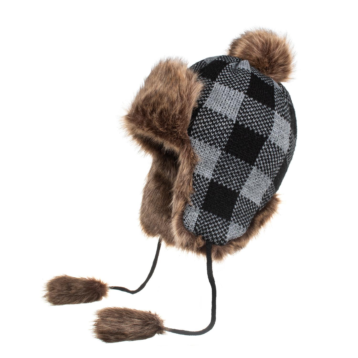 

Autumn and winter new plaid ear protector plush Lei Feng hat outdoor autumn and winter knitted wool hat сірий колір