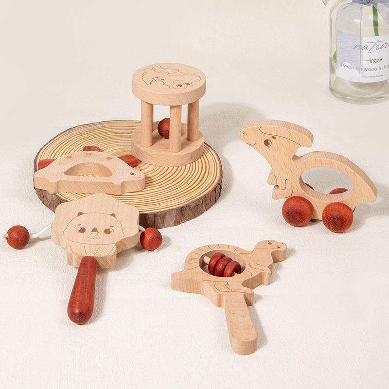 Wooden Baby Handheld Bedside Rattle 0-1 Year Old Baby Car Dinosaur Theme Pendant Soothing Toy Set