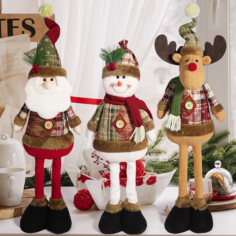 1pc Merry Christmas Decor Scalable Leg Snowman Dolls Figurines Christmas Gift For Kids Plush Elk Santa Doll Model Table Ornament