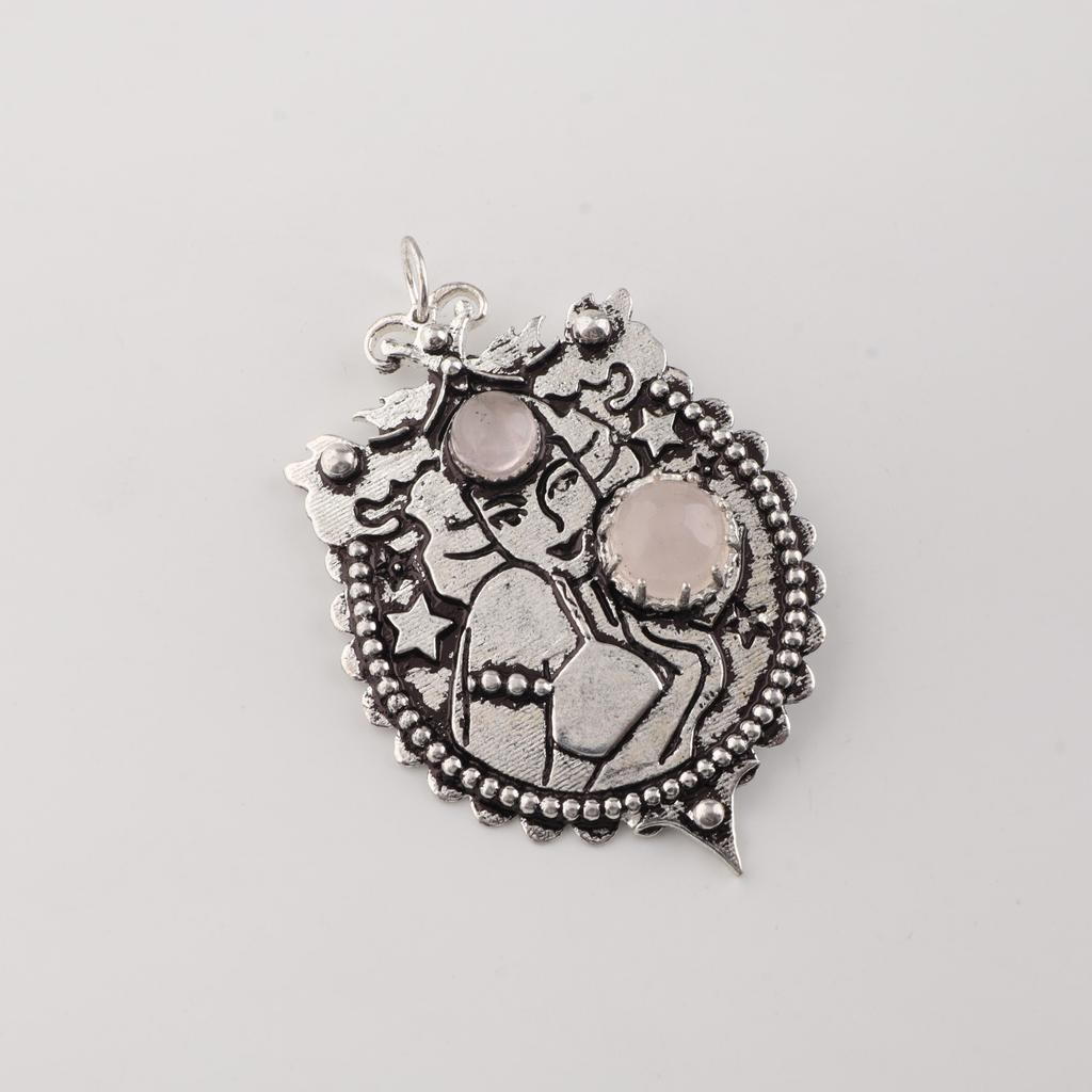 Gemma Naturale di Quarzo Rosa Argento Sterling 925 Gioielli da Donna Ciondolo a Due Pietre 1.9" Per Regalo CP-44-24