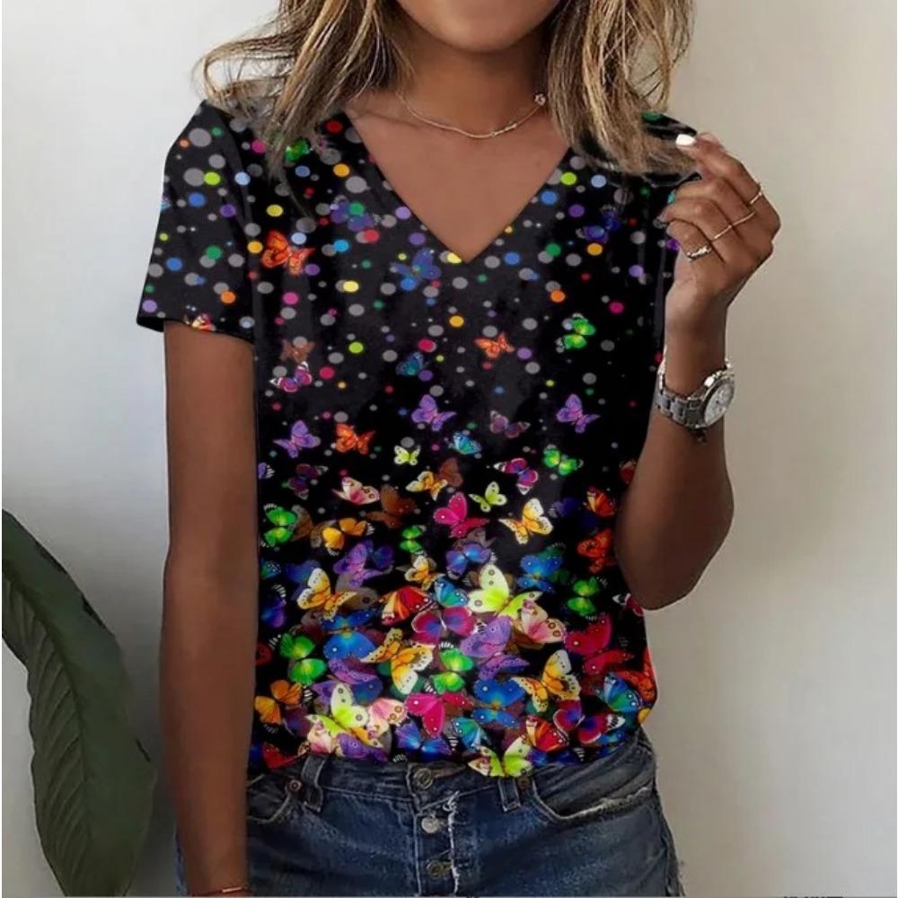 Summer New Style Floral 3D Print Casual V-Neck Women Short Sleeve Comfortable Polyester Fiber Fashion