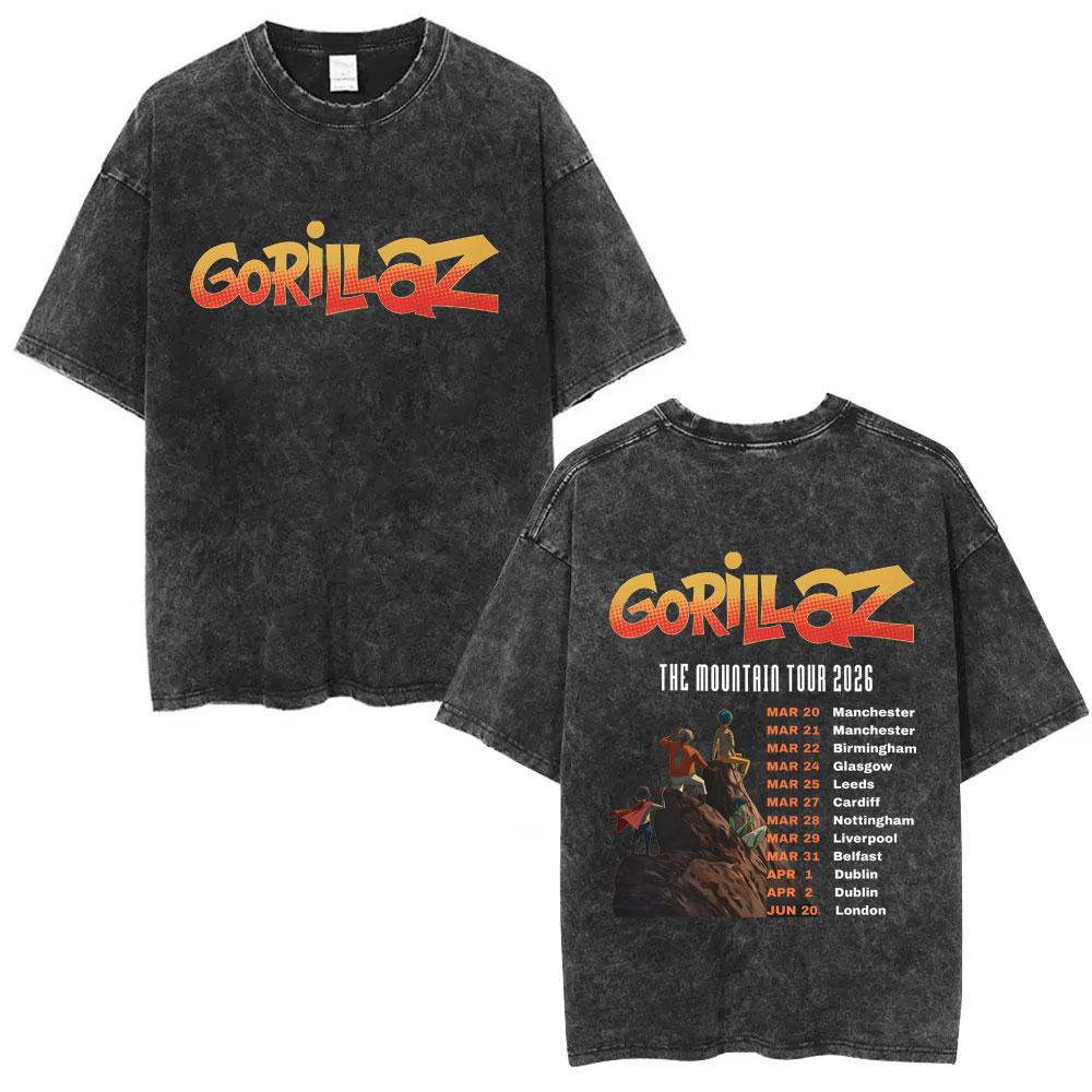 Washed Vintage Rock Band Gorillaz The Mountain Tour 2026 T-shirt Men Women Hip Hop Fashion Oversized T Shirt Men s Streetwear S разноцветный