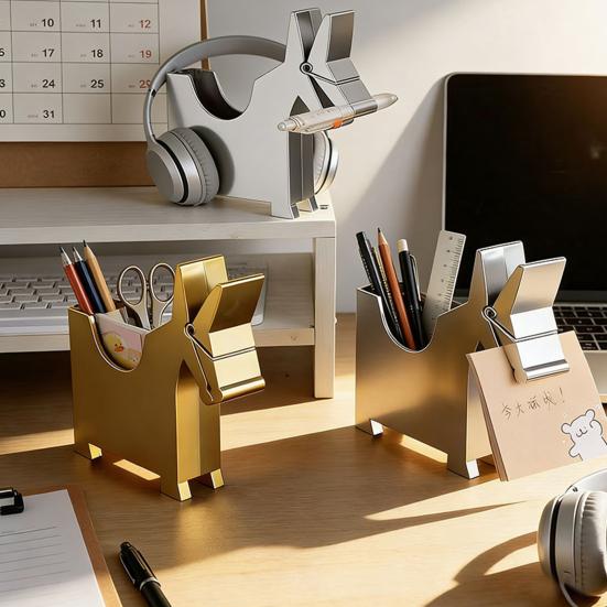 Creative Wooden Horse-Shaped Clip Storage Box Metallic Texture Pen Holder Note Business Card Organizer Cute Animal Desktop Decor for Office School