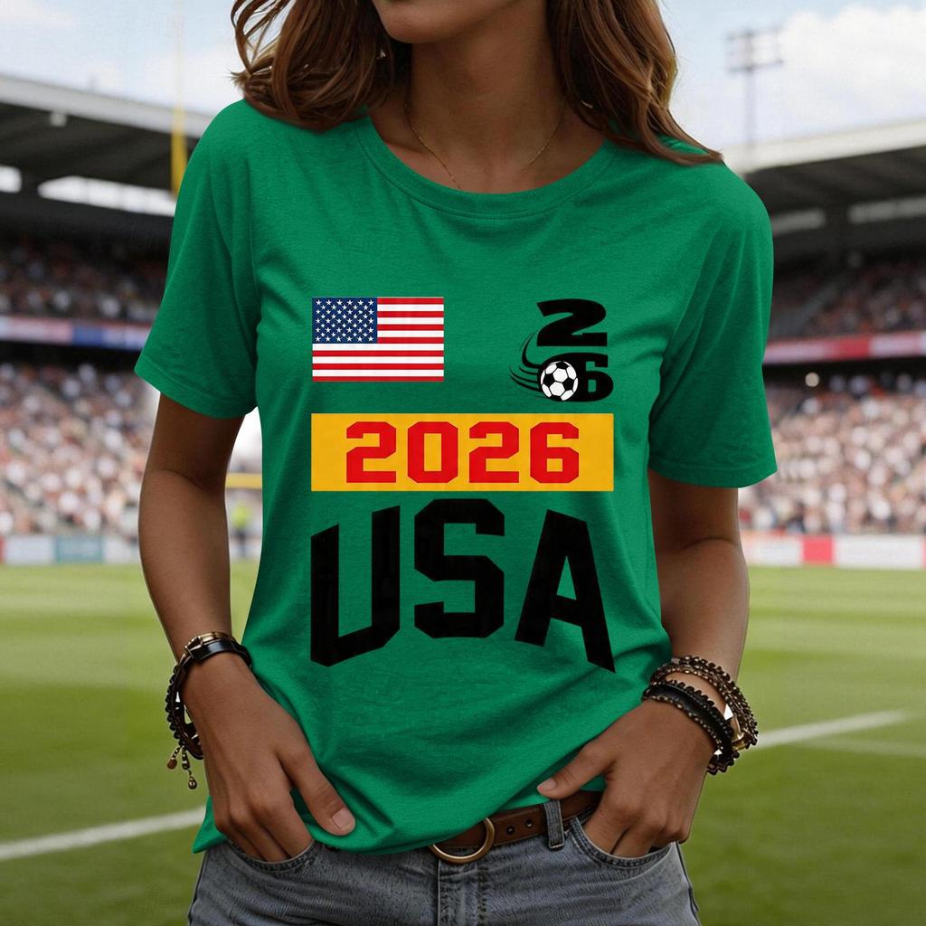 Women's Casual Short Sleeve T-Shirt Fashion Soccer World Cup Printed Crew Neck Top Lightweight Comfortable Fit USA 2026 Design