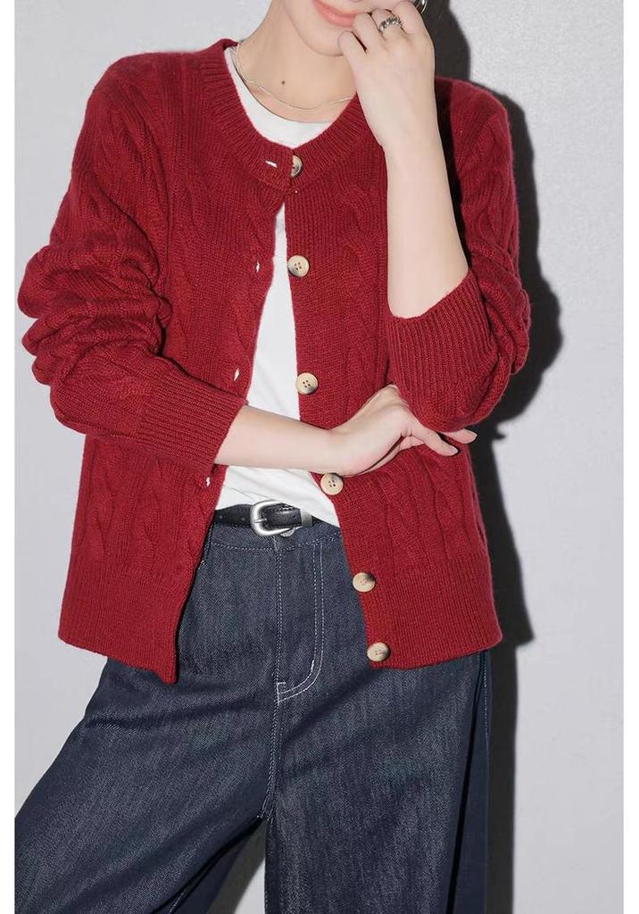 Autumn 2026 Women's Round Neck Cable Knit Cardigan - Long Sleeve, Single-Breasted Sweater.