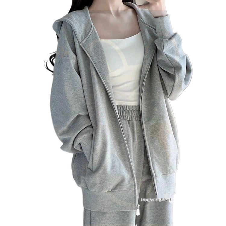 Women's Loose Hooded Grey Sweatshirt & Wide-Leg Pants Set for Autumn/Winter