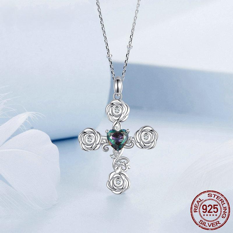S925 Sterling Silver Cross Pendant Necklace Retro Rose Pattern Neck Chain for Women Party Fine Jewelry Gift