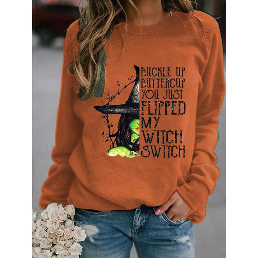 Tops for Women Halloween Print Round Neck Long Sleeve T-shirt Fall Casual Slim Pullover Women's Long Sleeve Top