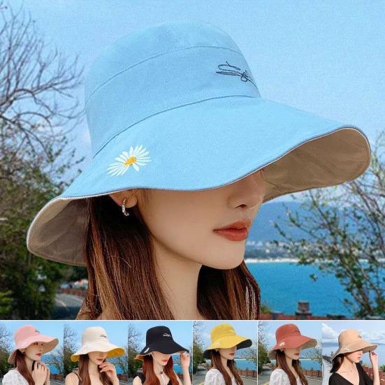 Women Summer Reversible Marguerite Embroidery Sun Protection Hat Fisherman Cap