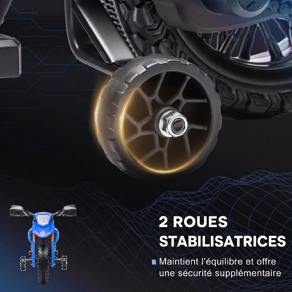 Elektrisches Motocross-Fahrrad für Kinder, Alter 3-8, 6 V, 2 Motoren, Stützräder, 30 kg Traglast, Blau