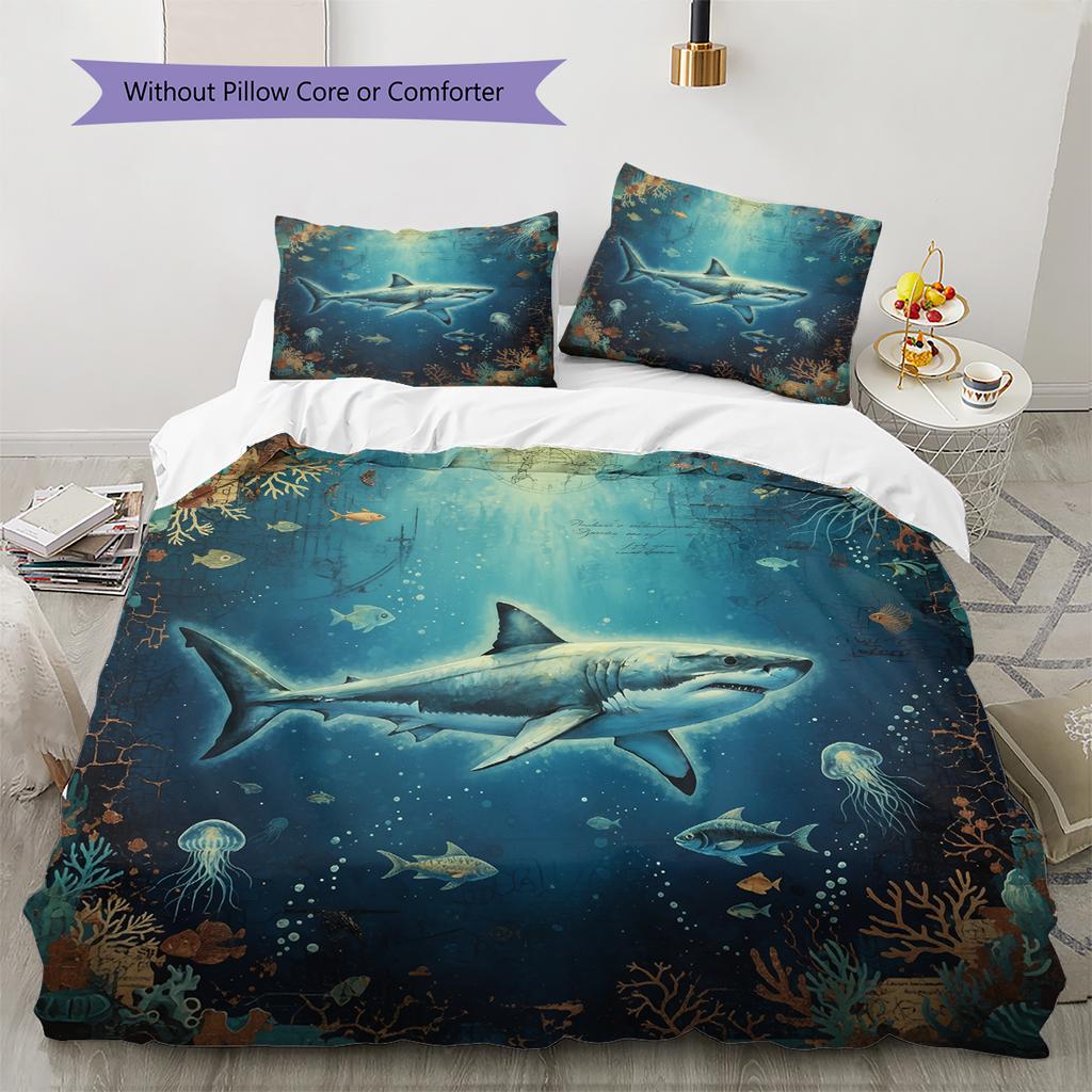 Sea Fish Ink Painting Pattern Bedding Home Decoration Birthday Gift (1 * duvet cover + 2 * pillowcase, without core)