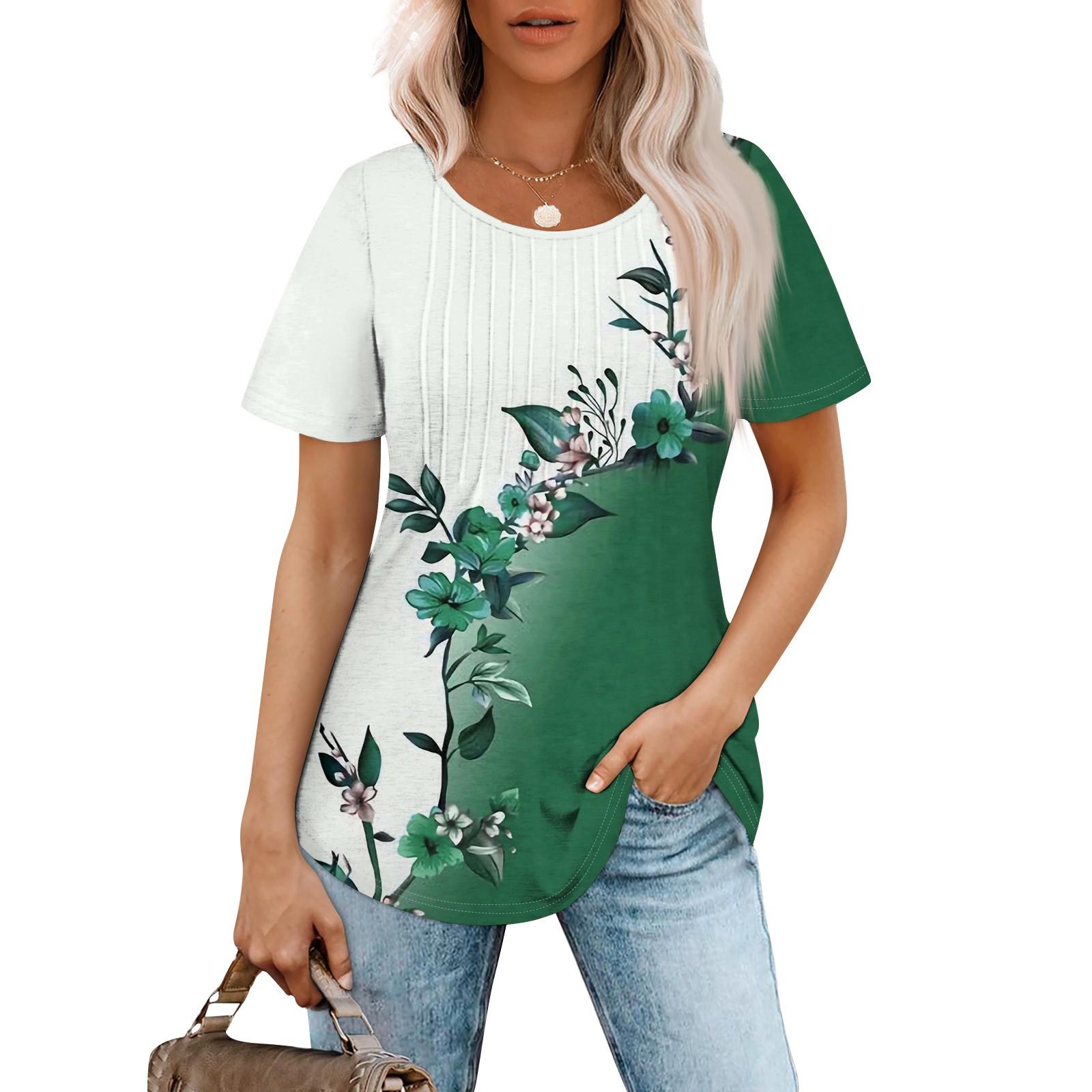 

Женская летняя модная повседневная плиссированная футболка с коротким рукавом и круглым вырезом с принтом Топ XXXL армия зеленый