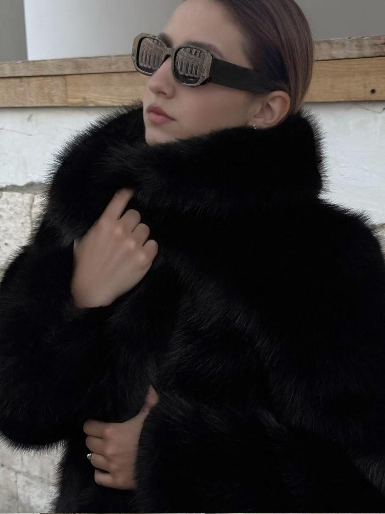 Women's Cross-Border Faux Fox Fur Coat - Plush, Regular Style