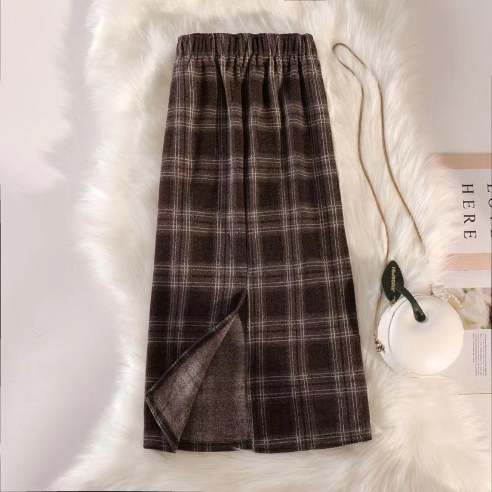 Plaid Tweed High Waist Midi Skirt - Korean Style, Thickened, Warm, Elastic, with Slit.