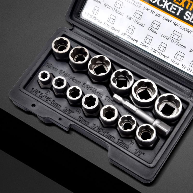 14pcs Bolt Extractor Socket Set,Damaged Nut Remover Kit, 1/4" To 3/8" Drive, for Stripped/Rusted Bolts Removal Anti Tooth Sleeve