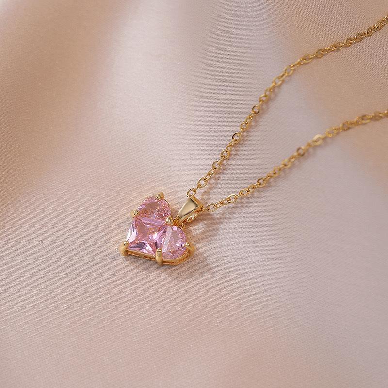 

Cute Sweet Gold Color Crystal Heart Pendant Necklace for Women Temperament Party Chokers Jewelry Colorfast Gift розовый