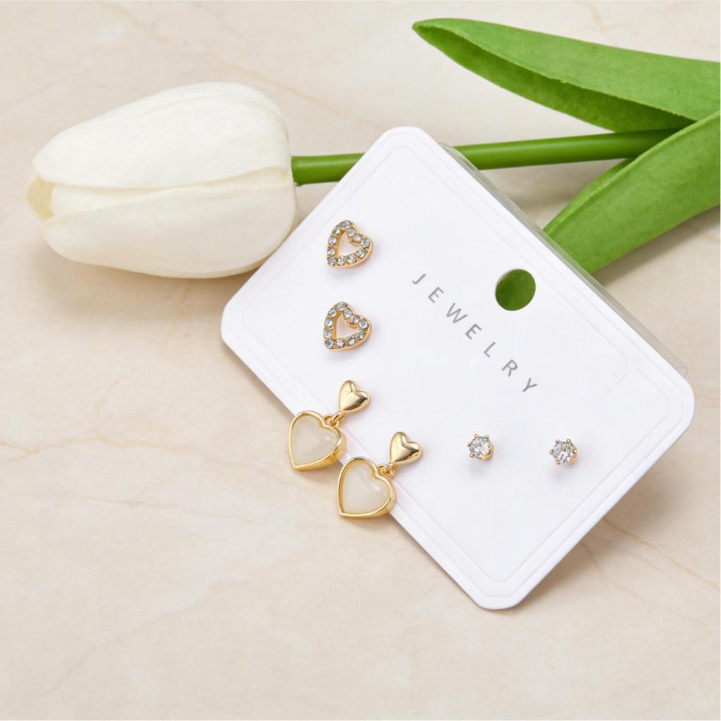 3pcs Set Romantic Heart Earrings for Women, Cubic Zircon Hypoallergenic Stud Earring Set, Fashion Piercing Jewelry
