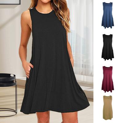 Summer Mini Dress with Pockets Sleeveless A-line Round Neck Solid Color Above