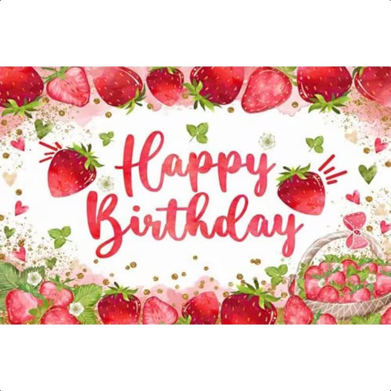 

2D Strawberry Happy Birthday Backdrop, Girls Party Photo Background 47.2x31.5inch/120*80cm