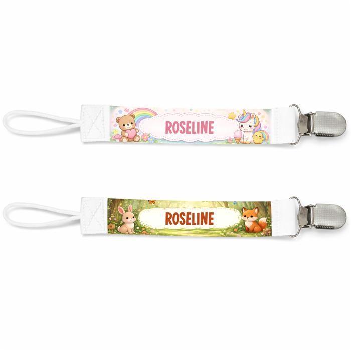 Planetee Lot de 2 Attaches Tétine pour Roseline Animaux Mignons - Attache Sucette Personnalisée Bébé Fille Cadeau Naissance