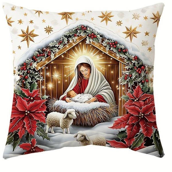 

Рождественские наволочки с изображением сцены Рождества Христова: Священная история Вифлеема в праздничном стиле Наволочка для диванной подушки Новогоднее украшение для дома и комнаты 16x16Inch