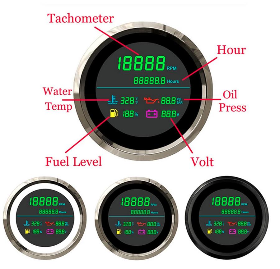 12V/24V 85mm Tachometer Fuel Gauge Water Temp Oil Pressure Voltmeter Hour Meter