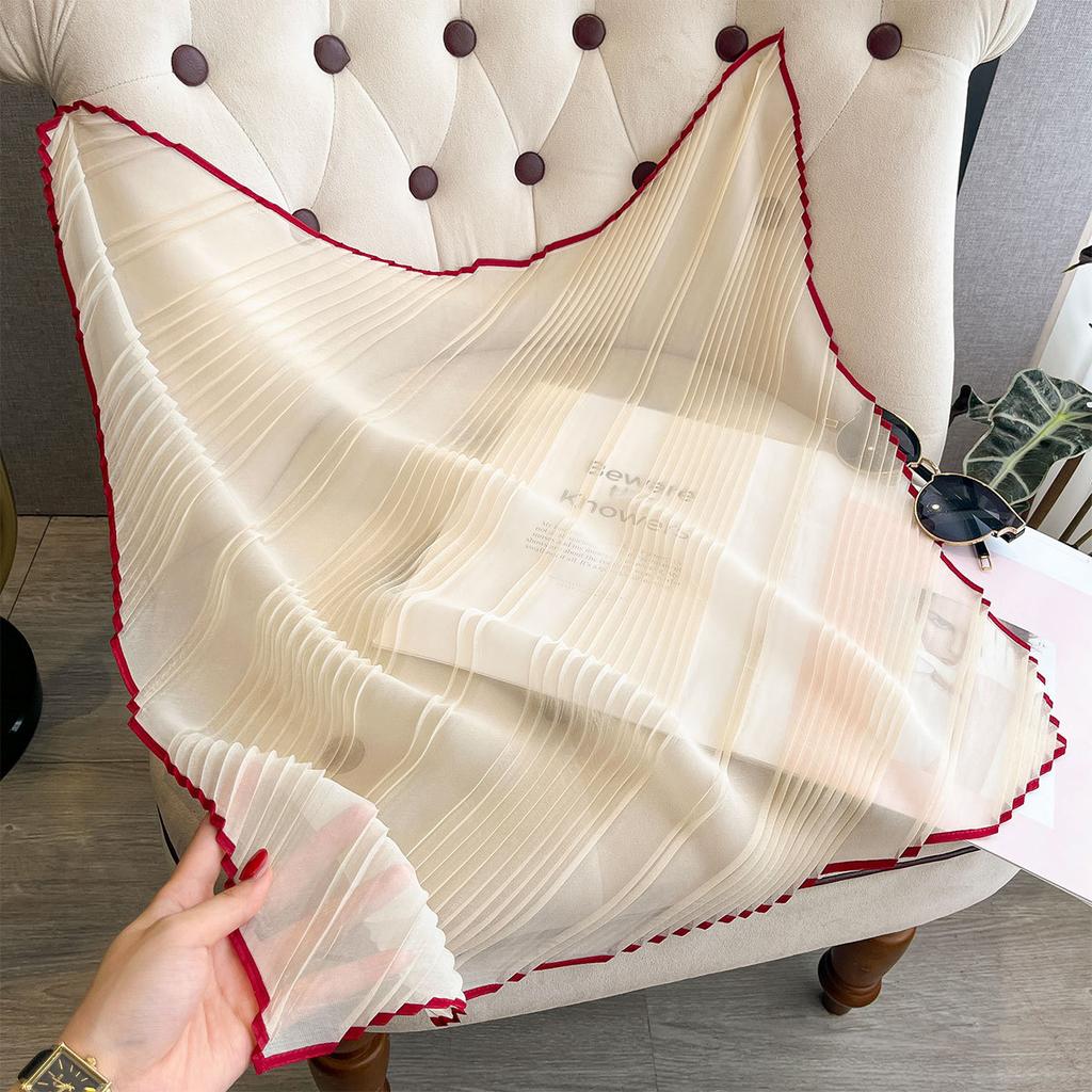 Solid Color Simulated Silk Scarf Women'S Spring Summer Pleated Small Square Scarf High-End Fashion Versatile Scarf