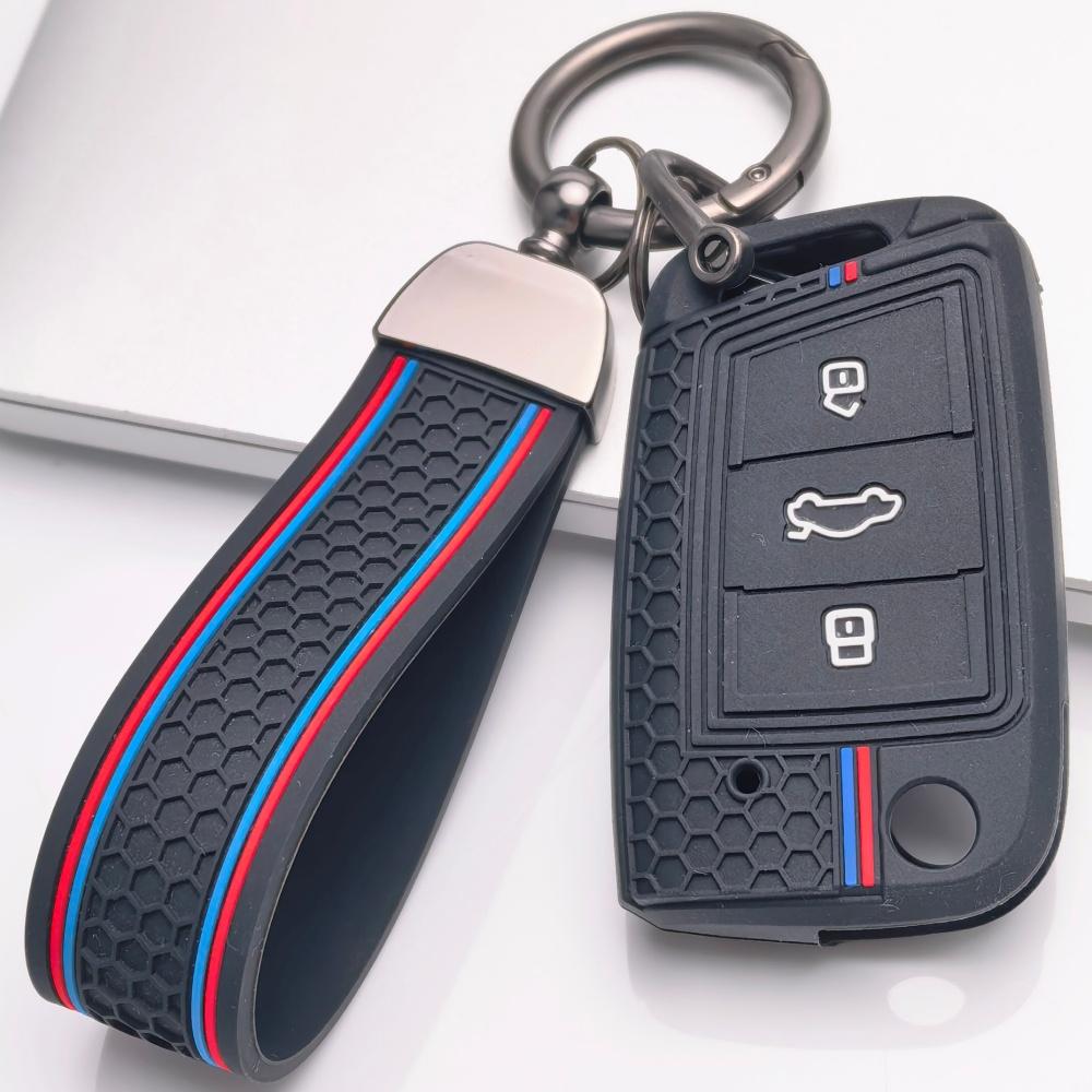 Silicone Car Key Fob Cover with Keychain Fit for Volkswagen VW Golf 7 MK7 Tiguan MK2 Touran L for Skoda, Fits Volkswagen Golf Tiguan Octavia A7