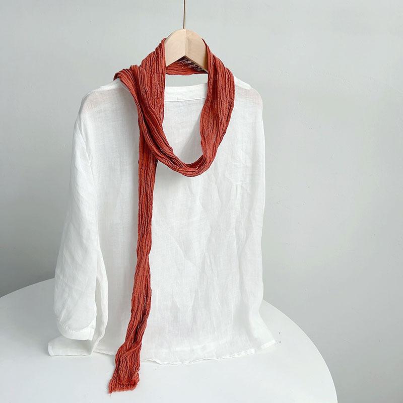 Retro Pleated Ramie Scarf Slender And Narrow Long Silk Scarf Japanese Mori Women Versatile Extended Neck Protector Scarf Shawl
