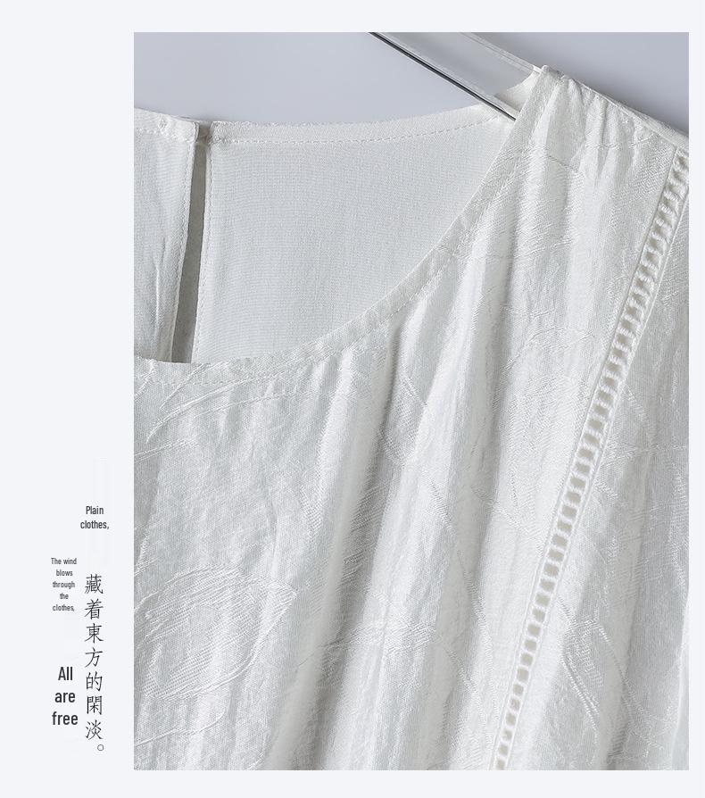 Women's White Cotton Linen Puff Sleeve Belted Midi Dress
