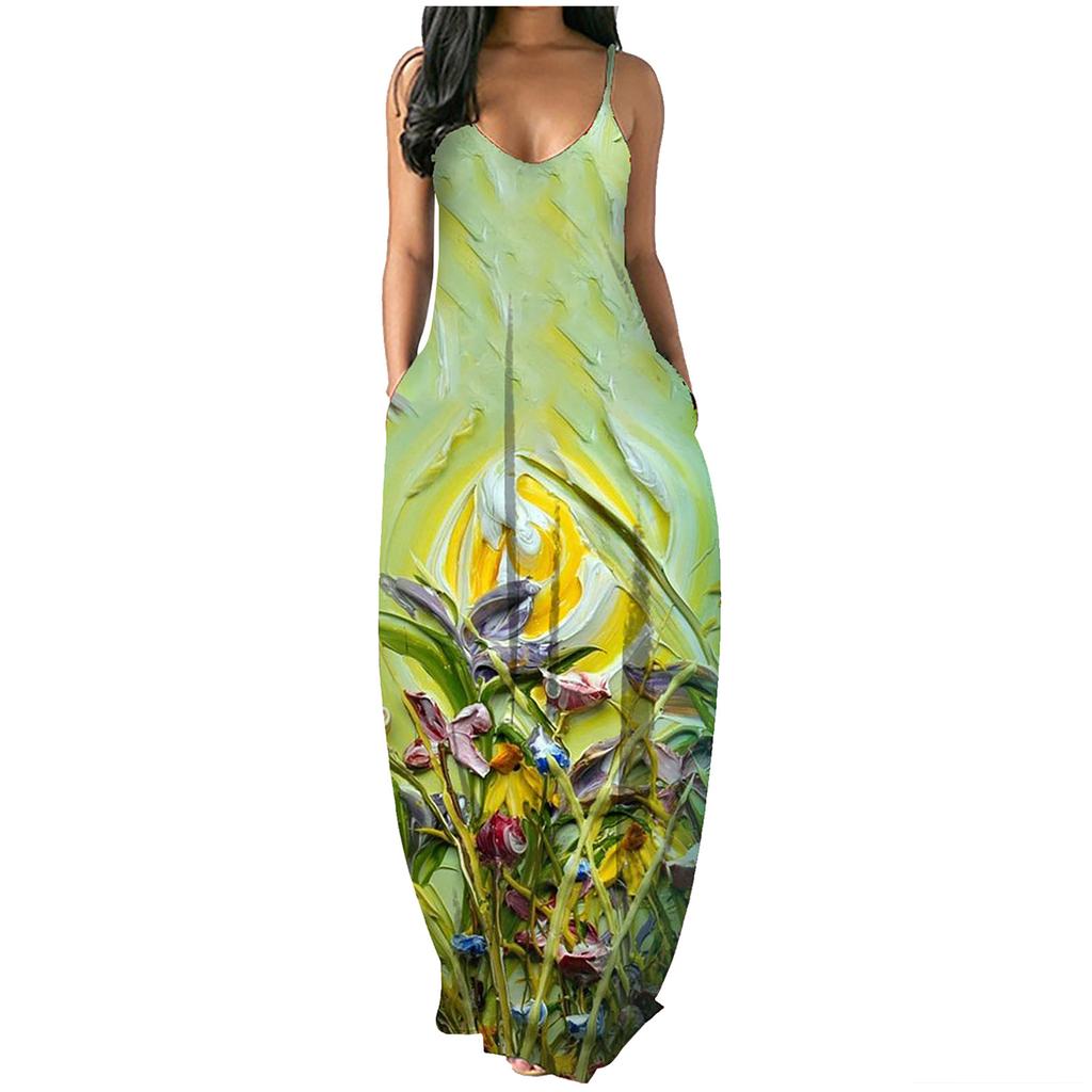 Women Summer  Sunflower Print Sleeveless Plus Size Pullover Long Dresses