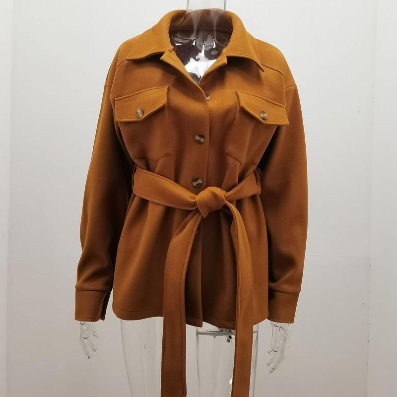 Autumn Winter Long Sleeved Cardigan Women Coats Plus Size Solid Color Casual Loose Simple Lapel Button Woolen Jackets Pockets Lace-up Women's Clothing