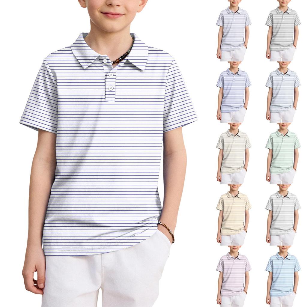 Kids Polo Shirt Quick Dry Short Sleeve Collared Shirt with Academy Stripe Print Lightweight Breathable Fabric for Boys Girls
