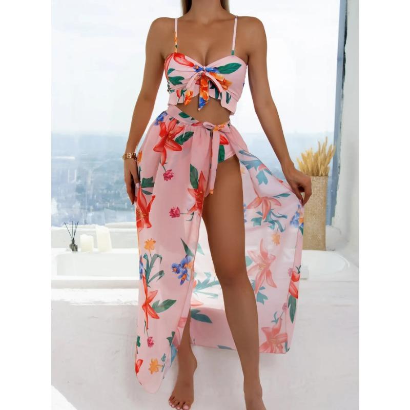 3 Pieces Floral Print Knot Front Bikinis 2025 Women Ruffle Swimwear Female High Waist Swimsuit With Beach Skirt Bathing Suit