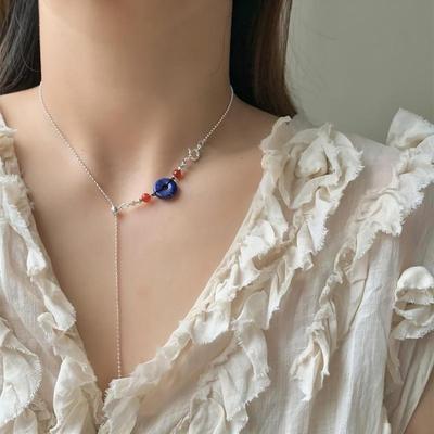 Women's Blue Gemstone Buckle Drop Choker Point Necklace