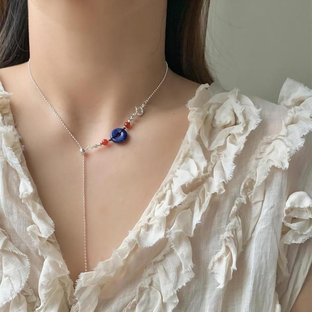 Women's Blue Gemstone Buckle Drop Choker Point Necklace