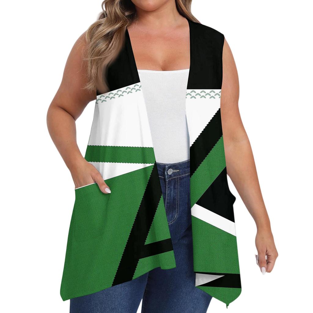 Women's Oversized Loose Casual Printed Sleeveless Vest With Pocket Cardigan Jacket Cardigan Jacket