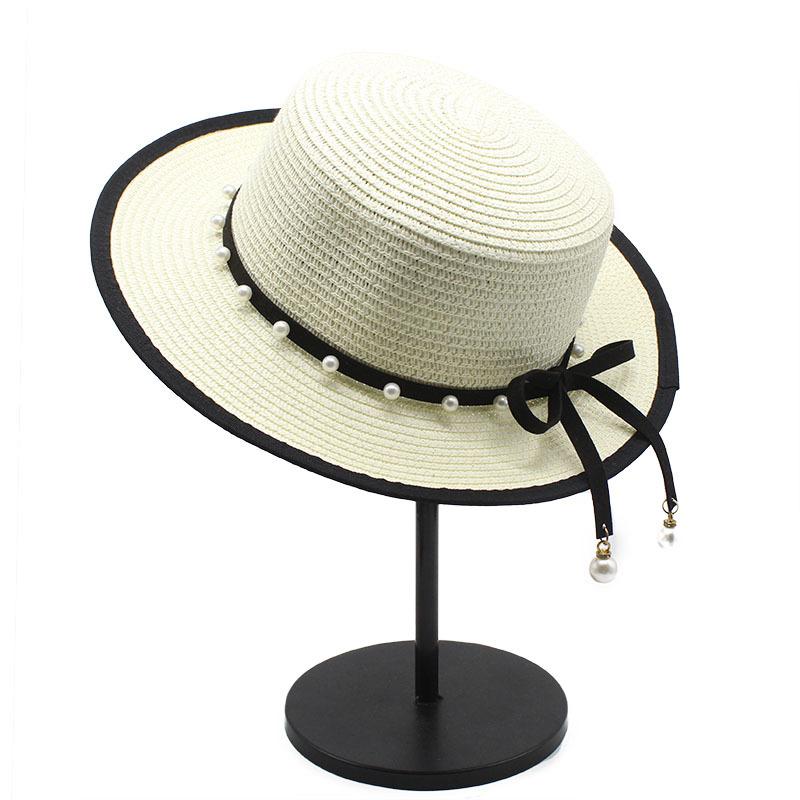 Perlenarmband Strohhut Damen Französisch Retro Kleiner Frischer Hut Britisch Weiß Flache Kappe Zylinder Trendig Ins Sommer