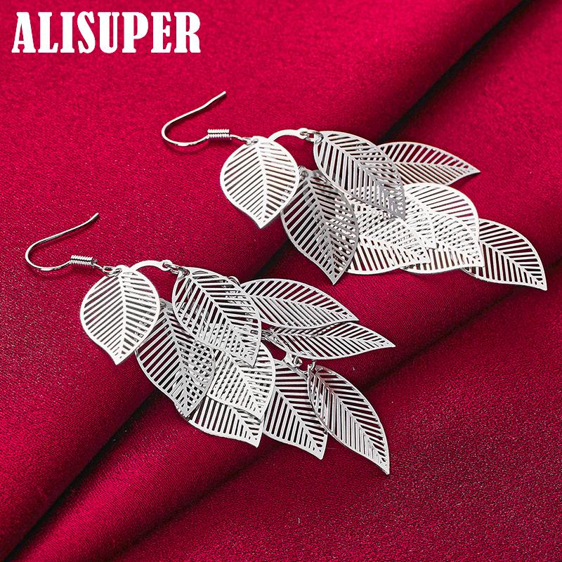 925 Sterling Silver Woman Layered Hollow Leaves Tassel Long Drop Earrings Fashion Jewelry