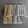 A New Autumn and Winter Striped Knitted Suit for Women, A V-neck Color-blocking Top and Wide-leg Pants Two-piece Set
